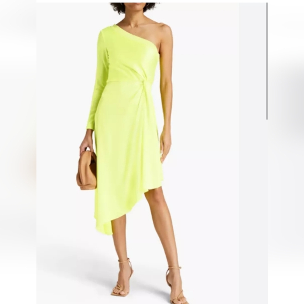 ALICE + OLIVIA Dora One-Shoulder Asymmetrical Yellow Neon Dress Size 6 - Picture 6 of 16